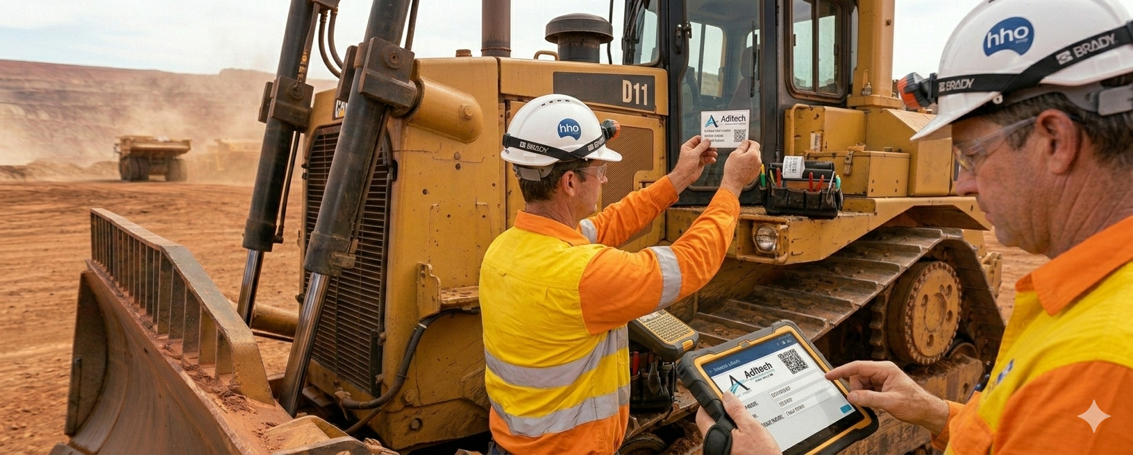 Asset labeling with tablet and QR code on heavy equipment